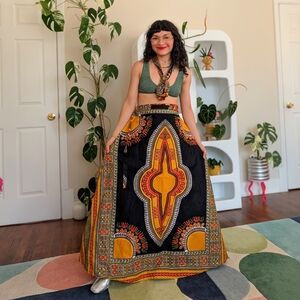 Bohemian Maxi Skirt with Bold Tribal Print - Black & Mustard